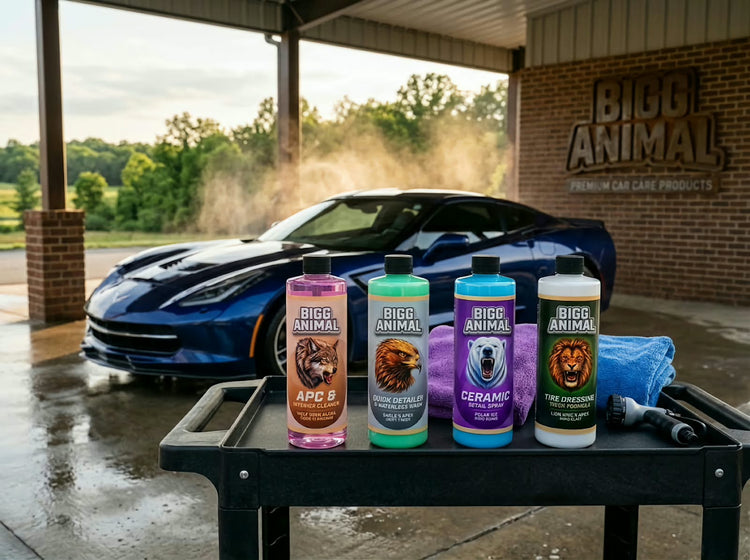 BIGG ANIMAL Core 4 bottles on a cart at a wash bay in front of a blue sports car
