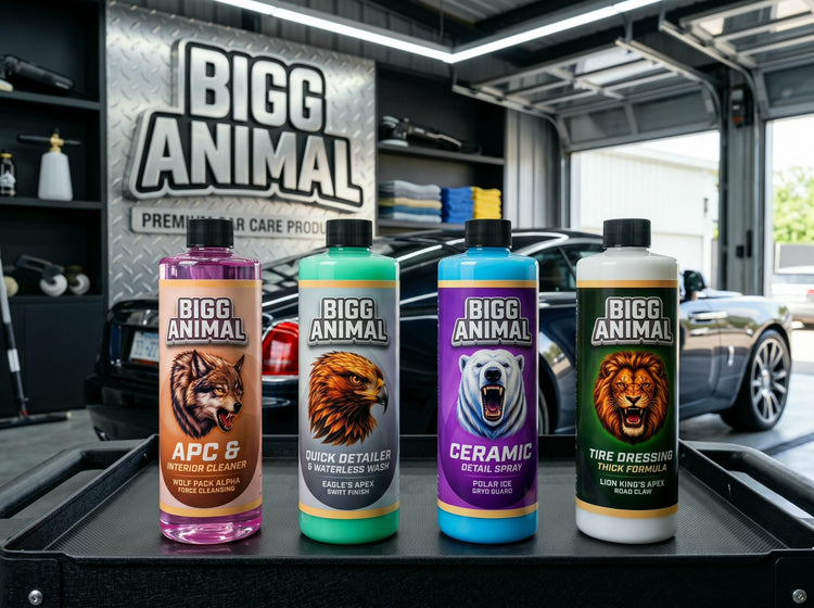 BIGG ANIMAL Core 4 bottles on a tool cart inside a professional detail shop