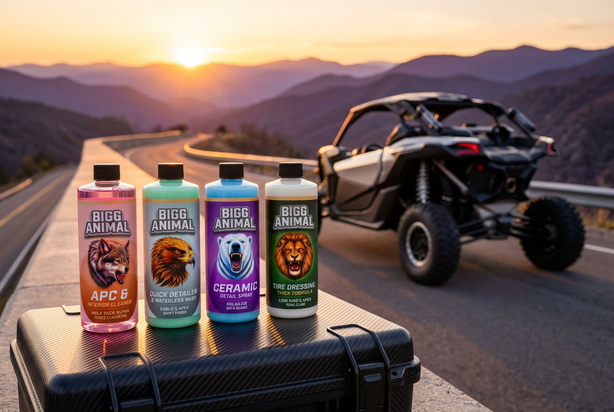 BIGG ANIMAL Core 4 bottles on a detailing case at a mountain overlook with a powersports side-by-side