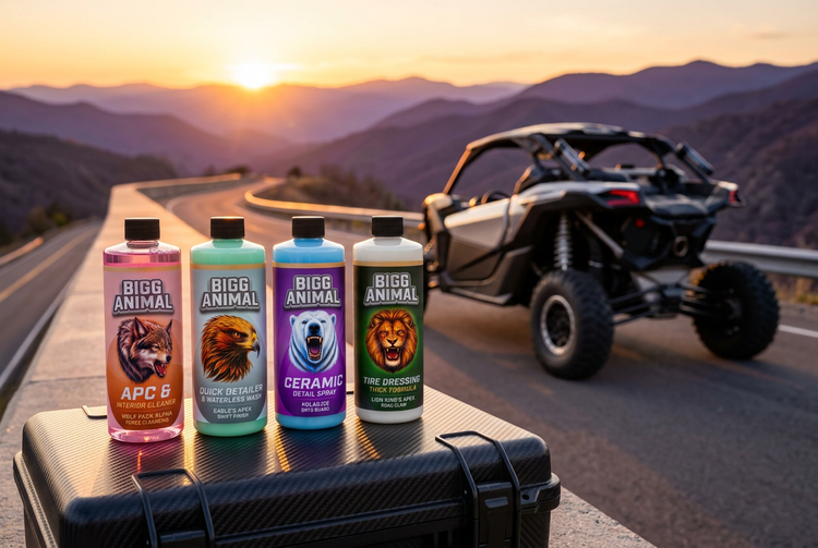 BIGG ANIMAL Core 4 bottles on a detailing case at a mountain overlook with a powersports side-by-side