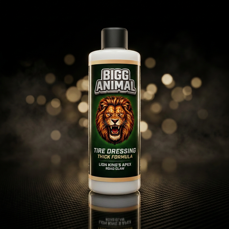 BIGG ANIMAL Tire Dressing Thick Formula 16 oz bottle, Lion King's Apex Road Claw label